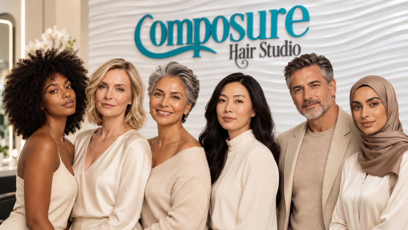 Diverse clients and team members in the Composure Hair Studio salon beneath the branded logo wall